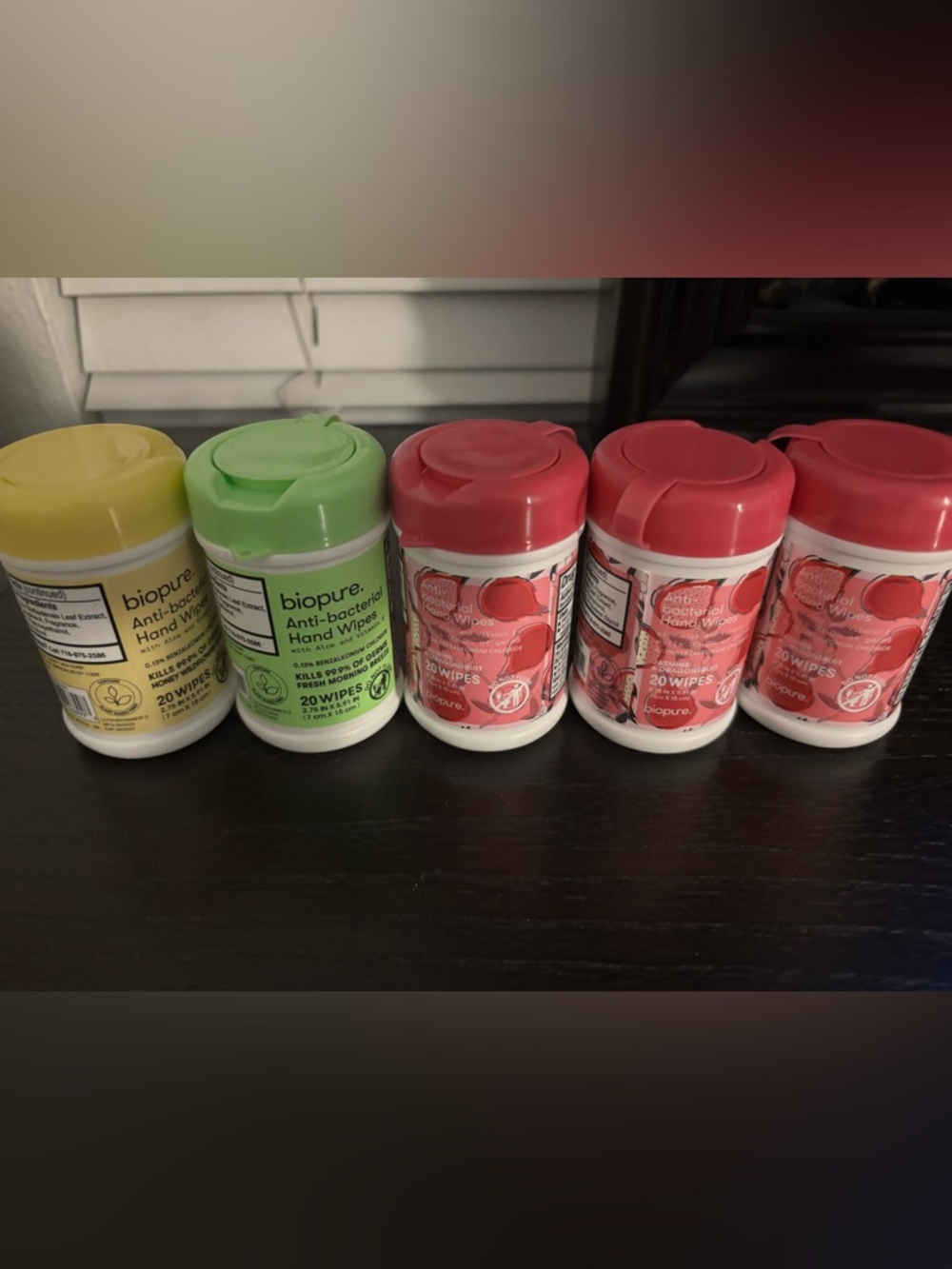 Biopure Antibacterial Hand Wipes - Yellow, Green, Red Caps (5 Pack)